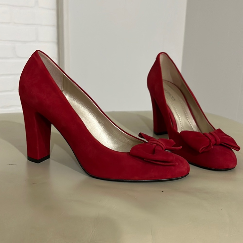 Red suede shoes. Chunky heel 3’5”high. Size 38 (7.5)